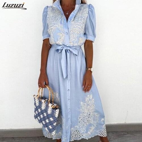 Luzuzi 2021 Summer Puff Sleeve Lace Party Dress Women Elegant Hollow Out Patchwork Embroidery Elegant Tie-Up Belted Shirt Dress