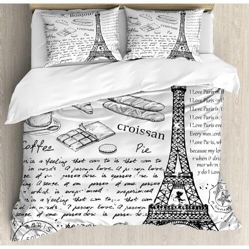 Paris Duvet Cover Set Traditional Famous Parisian Elements Bonjour Croissan Coffee Eiffel Tower Print Decorative 3 Piece Bedding