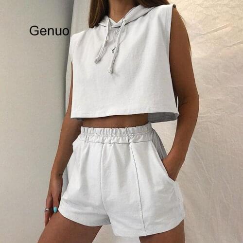 Solid Color Casual Two Piece Sleeveless Hooded Loose Womens Shorts Set Home Summer Fashion Suit Sports Suit 2020 New