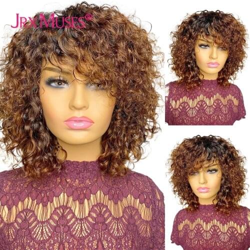 Ombre Honey Blonde Curly Human Hair Wigs with Bangs Short Bob Brazilian Jerry Curly Full Macine Made Wigs for Women Glueless