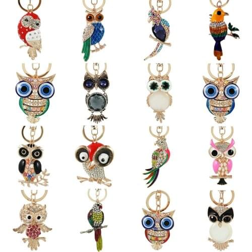 Lovely Owl Bird Flamingos parrot Crystal Charm Purse Handbag Car Key Ring Chain Party Wedding Birthday Creative Gift