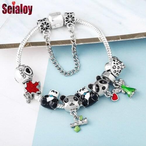 SEIALOY Chinese Panda Bamboo Charm Bracelets For Women Men Original Elf Pendant Maple Leaf Love Mushrooms Beaded Bracelet Bangle