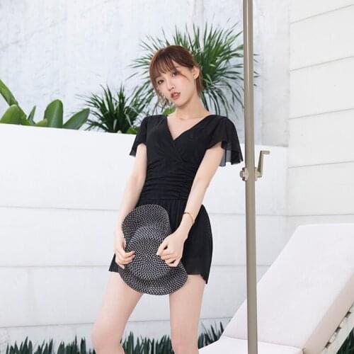 Ruffled One Piece Swimsuit Women Solid Swimwear Skirted Monokini Push Up Swim Suit Korea Style Bathing Suit Padded Short Sleeve