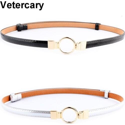 New Design Thin Belts silver PU Patent Leather Dress Women Adjustable Waistbands gold circle Metal Buckle alloy adjust waistband