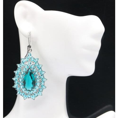 25x10mm SheCrown Lovely Water Drop White Cubic Zircon London Blue Topaz CZ For Girls Daily Wear Silver Earrings Wholesale