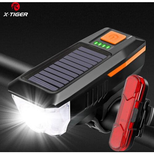 X-TIGER Solar Bike Light Set Waterproof MTB Bicycle Front Light With Horn USB Rechargeable Safety Warning Bicycle Rear Light