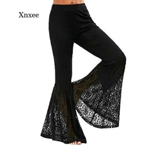 2021 Summer Womens Fashion High Waist Lace Insert Wide Leg Pants Tights Loose Trousers Sexy