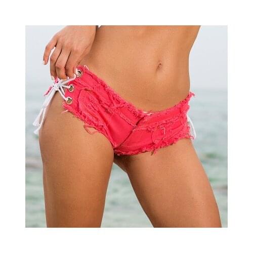 Womens Sexy Low Waist Mini Short Jeans Booty Shorts Denim Side Short Hole Lacing Up Beach Club Party Tassel Bikini Bottom