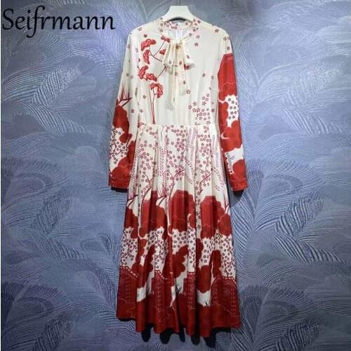 Seifrmann New 2021 Autumn Women Fashion Designer Party Midi Dress Lantern Sleeve Bow Vintage Print Ladies A-Line Dress Vestidos
