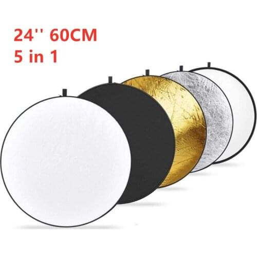 24" 60cm 5 in 1 Photography Reflector Light Reflectors Collapsible Light Round Reflector for Studio Multi Photo Disc Diffuers