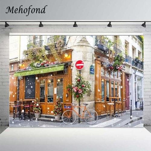 Mehofond Winter Street Corner Store Photography Backdrops Christmas Tree Snowflake Bike Photo Background Studio Photophone Props