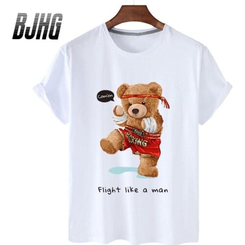 100% Cotton Taekwondo Bear Print Short-sleeved T-shirt Female Half-sleeved Summer Casual Oversized T-shirt Ladies Shirt S-3XL