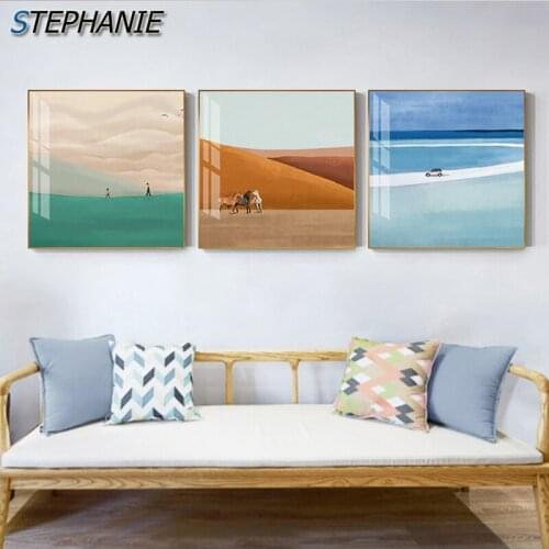 Nordic Grassland Blue Sea Canvas Painting Yellow Desert Posters Prints Wall Pictures for Living Room Abstract Landscape Wall Art