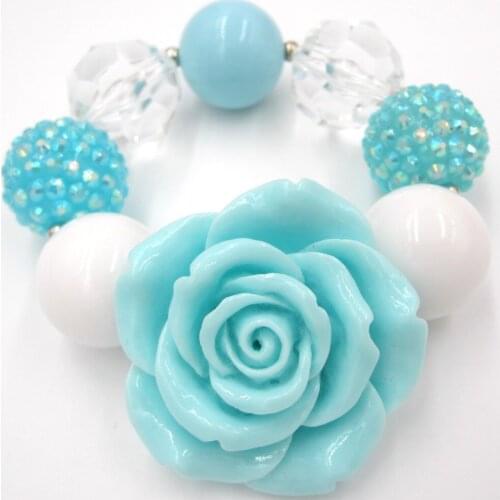 2pcs Girls Birthday Gifts Chunky Beads Light Blue Resin Rose Flower Charm Bracelets Kids Adjustable Elastic Wristband Bracelet