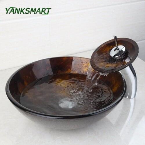 YANKSMART Bathroom Round Tempered Glass Basin Sink Set Counter Top Faucet Washbasin Sink Tap With Pop-up Drain Mixer Water Taps