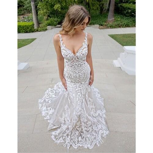 High-end Embroidered Mermaid Wedding Dresses Long Tail Backless Wedding Gowns