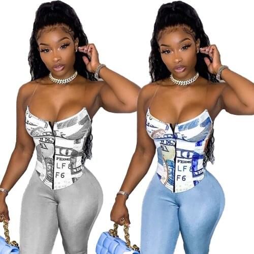 Echoine Summer Printed Zipper Strapless Crop Top Summer Sleeveless Bodycon Skinny Corset Top Vest Top Cropped Feminino Backless