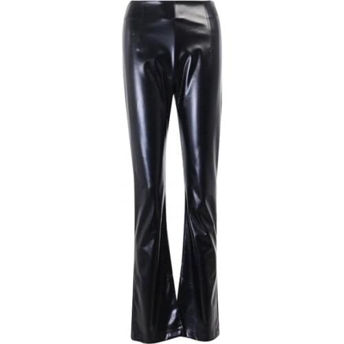 2021 Fashion Women Sexy Side Slit Faux Leather Flare Pants High Waist Bell-bottom Trousers