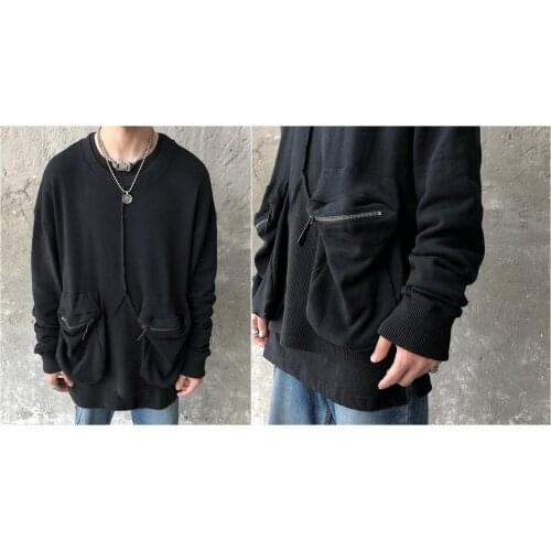 Mens Oversized Chest and Hem Stitching Three-Dimensional Front Double Pocket Drop Shoulder Round Neck Pullover Sweatshirt