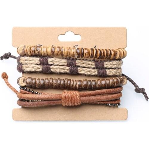 Jewelry retro set four pieces bracelet diy woven leather bracelet coconut shell bracelet mens hemp rope