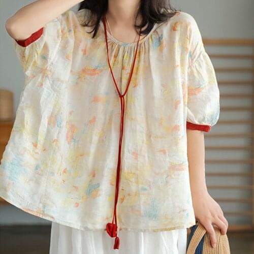 NINI WONDERLAND Summer Large Size Print Ramie Blouse 2021 Women Short Sleeve Thin Loose Casual Shirt Vintage Printed Tops Belt