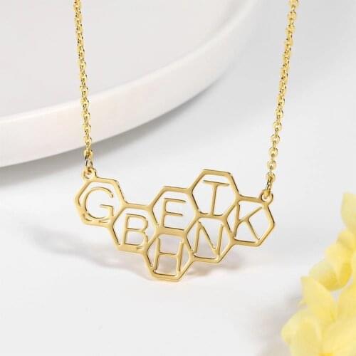 HUHUI Custom Letter Necklace Personalized Hexagonal Honeycomb Pendant Stainless Steel Geometric Jewelry For Woman Birthday Gift