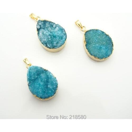 PS00067 Blue Crystal Druzy Teardrop Pendants with Gold Electroplated Trim