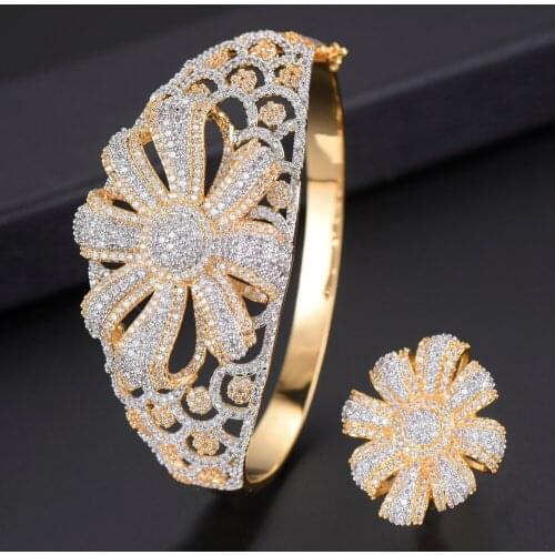 Kellybola Full Cubic Zirconia Luxury CZ Bracelet Resizable Ring Jewelry Set For Women Flower Shape Hollow Inlaid Trendy Jewelry