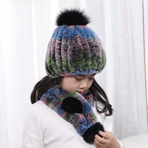 Rex Rabbit Fur Hat Rabbit Scarf Winter Warm Korean Knitted Woolen Hat Childrens Set Bib