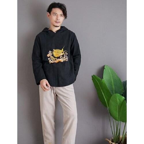 Mens Hoodied Linen Cotton Loose MenS Hoody Solid Full Sleeve Chinese Style Hoodies Men Embroidery Oriental Clothes Men KK3108