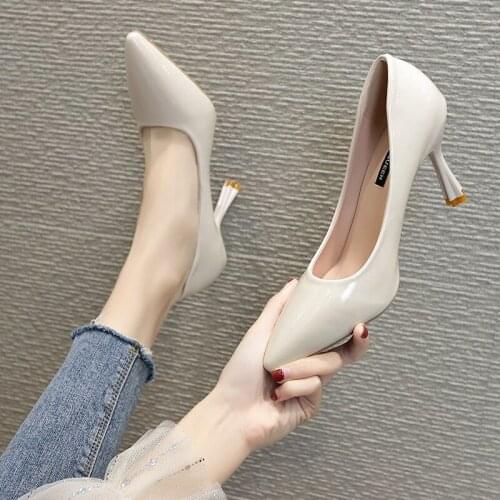 Nude Color Small Fresh High Heels Patent Leather Stiletto Single Shoes Korean Sexy Pointed Pumps Professional Work Shoes W32-58