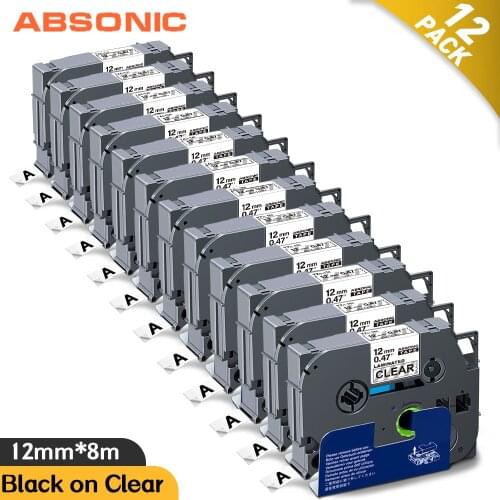 Absonic 12PK TZe131 Black on Clear 12mm Label Maker for Brother PT E100 Label Printer P-touch Multi Color Sticker tze231 tze431