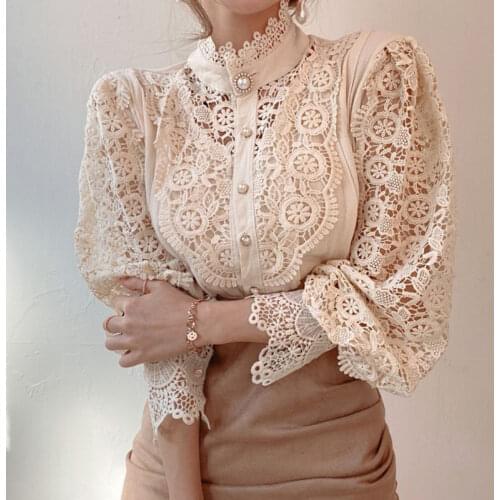 2021 Elegant Flower Lace Petal Sleeve Womens Blouses New Hollow Out Stand Collar Female Shirt Wild Patchwork Chic Button Tops