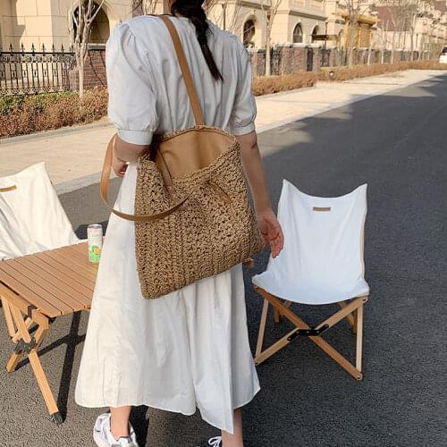 2021 Casual Rattan Large Capacity Tote For Women Wicker Woven Wooden Handbags Summer Beach Straw Bag Lady Big Purses Travel sac