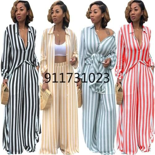 Women 2 Piece Matching Set Casual Striped Print Loose Long Shirt Wide Leg Pants Two-piece Suit Plus Size Outfits Yellow Clothes