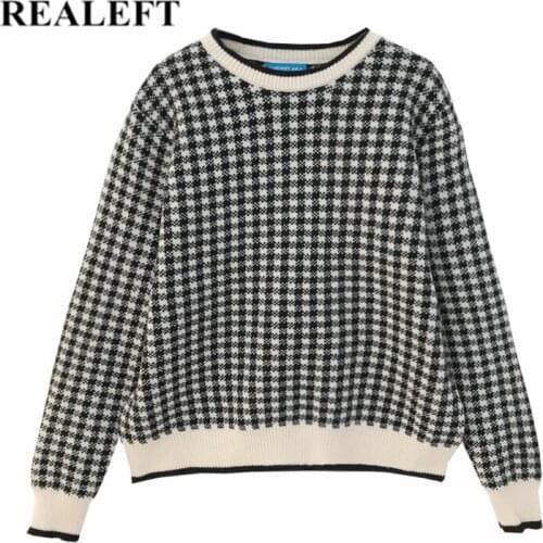 REALEFT Autumn Winter Vintage Houndstooth Womens Knitted Pullover 2021 New Long Sleeve O-Neck Casual Loose Sweaters Female Tops