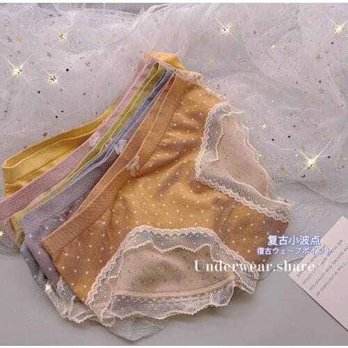 Women Cotton Underwear Sexy Lace Panties Fashion Dot Breathable Briefs Female Mid Waist Underpants Seamless Bow Panties Lingerie