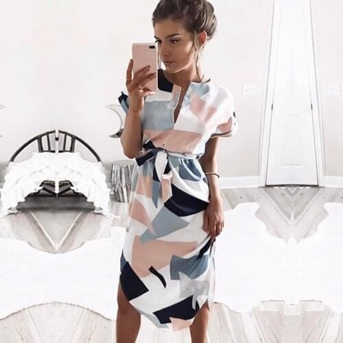 2019 Summer Dress Women Boho Style Geometric Print Dress Elegant Party V-Neck Dresses with Belt Vestidos de fiesta