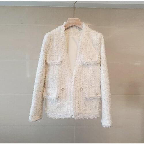 White Tweed Jackets Coat Women V-Neck Long Sleeve Autumn Woolen Coats French Tassel Coats Plus Size Pearls Button Outwear B913