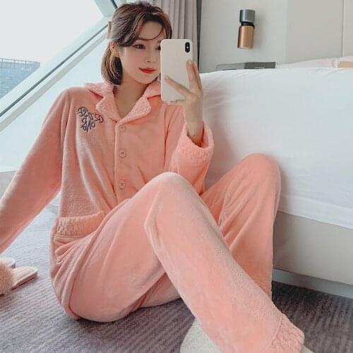 Winter Pajamas Set Women Sleepwear Warm Flannel Long Sleeves Pajamas Cute Homewear Thick Home Suit Solid color ночнушка new