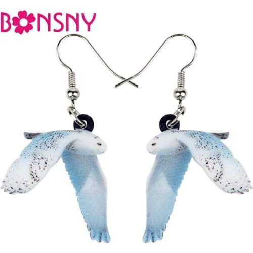 Bonsny Acrylic Unique Flying Snowy Owl Bird Earrings Big Long Dangle Drop Fashion Jewelry For Women Girl Animal Accessories Gift