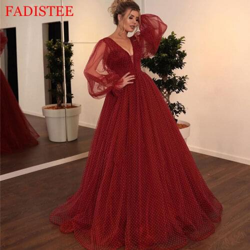 Burgundy Lace Point Prom Dresses Puffy Long Sleeves V-neck Robe De Soirée De Mariage Vestido De Fiesta De Boda вечерние платья