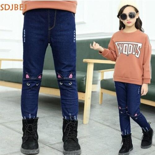 Winter Girls Pants Plus Velvet Warm Children Pants Cartoon Kids Jeans For Girl Princess Cat Childrens Trousers Girls Jeans