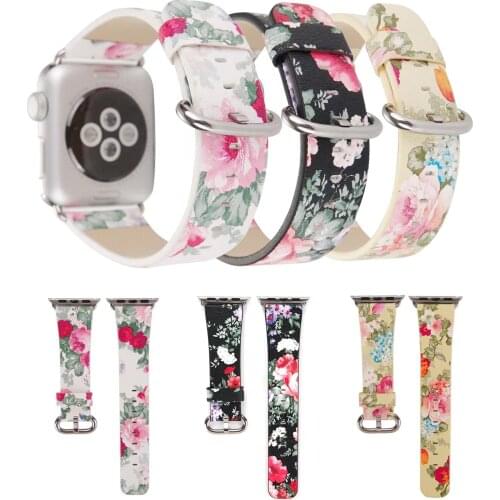 Flower Leather Watch Bracelet for Apple Watch Series 5 4 3 2 1 Band 44/42mm 40/38mm Floral Chinese Ink Painting Wristband Strap