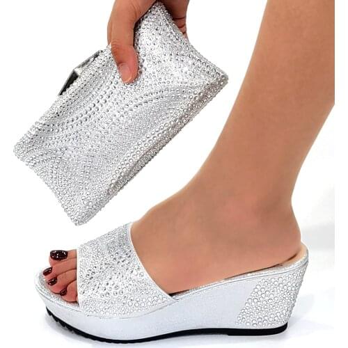 Doershow High Quality African Style Ladies Shoes And Bags Set Latest silver Italian Shoes And Bag Set For Party SJB1-33