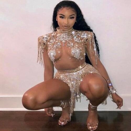 Dropshipping singer costume Crystals Mesh Sexy Bodysuit Sparkly Rhinestones Chains Fringes Outfit Nightclub Party Wear