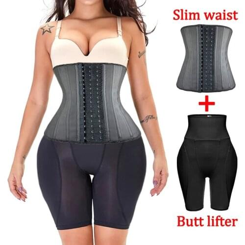 YAGIMI 2 Pcs Set Latex Waist Trianer and Butt Lifter Shorts Women Slim Waist Body Shaper Corset Hip Pad Tummy Control Sheath