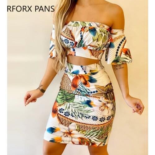 Set for Women Off Shoulder Tropical Print Skirt Set Casual Womens Outfits