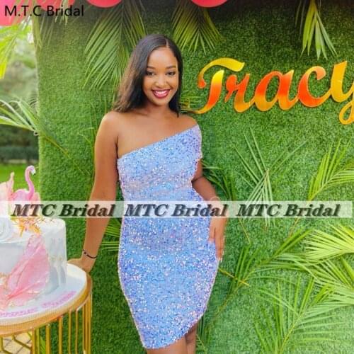 Short Sparkly Prom Dresses Sheath One Shoulder Shiny Sequins Black Girls Birthday Wedding Party Gowns Custom Made Robe De Soiree