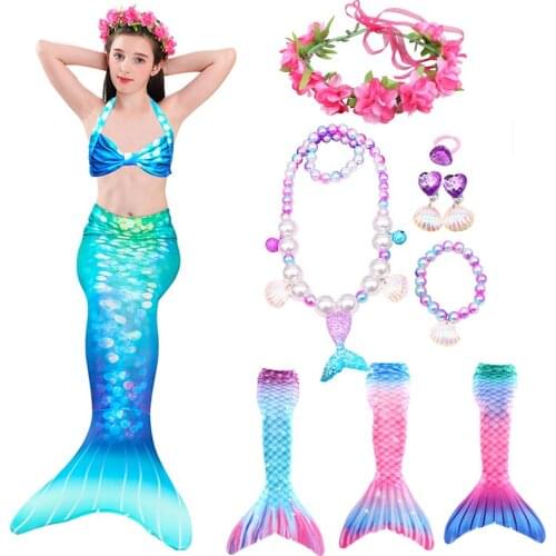 Girls Swimmable Mermaid Tail Princess Dress with Monofin Kids Holiday Mermaid Costume Cosplay Swimsuit Beach Bikini Birthday
